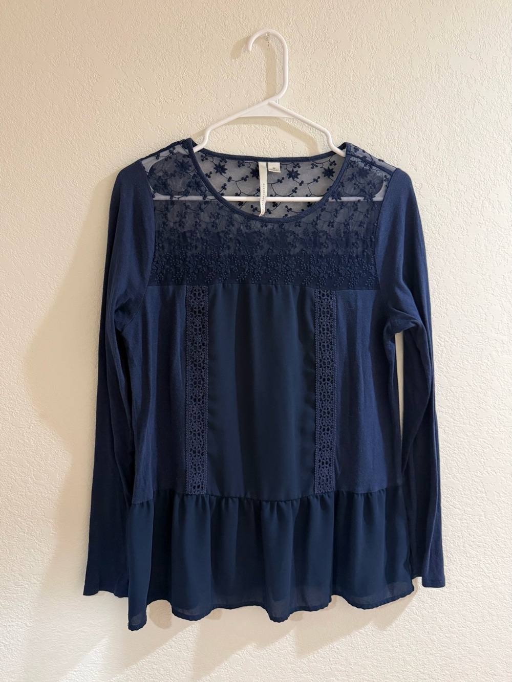LC Lauren Conrad Navy Lace Yoke Peplum Long-Sleeve Top